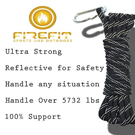 FireRope - Static Reflective Outdoor Rock Climbing Rope with Carabiner, Tree Climbing Gear for Outdoor Activities, 10mm Heavy Duty Mountain Equipment & 30m (98 ft) Emergency Fire Safety Braided Ropes