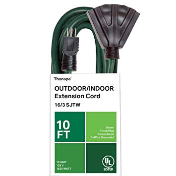 Thonapa 10 Ft Outdoor Extension Cord with 3 Electrical Power Outlets - 16/3 Durable Green Cable - Great for Garden and Major Appliances