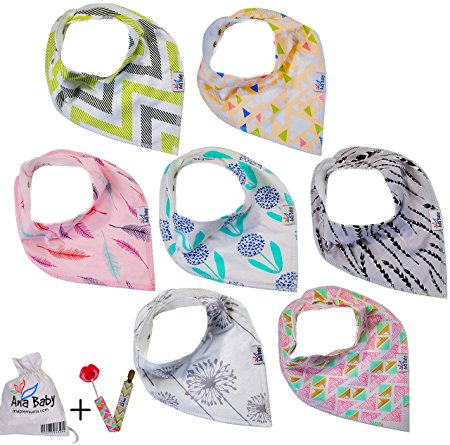 Premium Baby Bandana Drool Bibs with 3 Snaps by Ana Baby 7-Pack 100% Organic Cotton For Girls, Free Pacifier Clip+E book+Gift bag