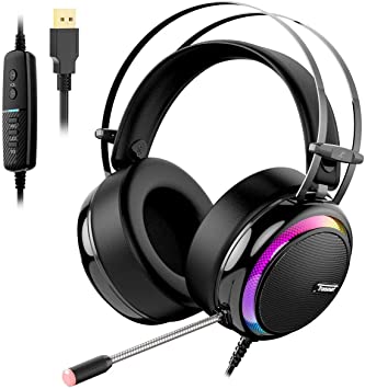Gaming Headset for PC, Upgraded Tronsmart Glary Virtual 7.1 Surround Sound Overear Headphone with Mic LED Noise Cancelling Volume Control for Nintendo Switch, Playstation 4, MacBook, iMac, PS4
