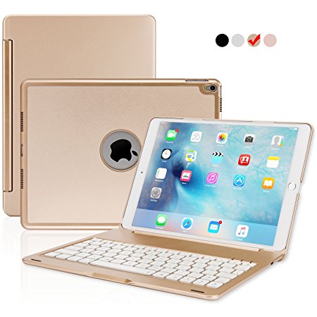 ipad Pro 10.5 Keyboard Case, ONHI Wireless Bluetooth Keyboard Case Aluminum shell Smart Folio Case with 7 Colors Back-lit, Auto Sleep / Wake, Silent Typing, the Screen can be Rotated 135 °(Gold)