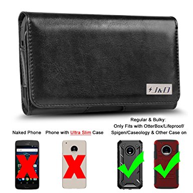 Moto G5 Plus Holster, J&D PU Leather Holster Pouch Case with Belt Clip, Leather ID Wallet Case for Motorola Moto G5 Plus (Only Fits with Regular & Bulky Case On-OtterBox/Spigen/Other Case) - Black