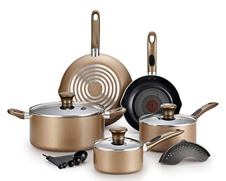 T-fal B036SE64 B036SE Excite ProGlide Nonstick Thermo-Spot Heat Indicator Dishwasher Oven Safe Cookware Set, 14-Piece, Bronze