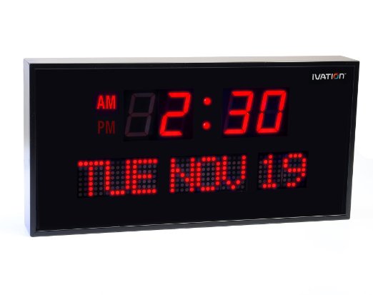 Ivation Big Oversized Digital Red LED Calendar Clock with Day and Date - Shelf or Wall Mount