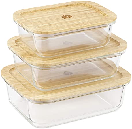 Navaris Glass Food Containers (Set of 3) - Kitchen Storage Container Set with Bamboo Lids - Safe for Microwave, Dishwasher, Oven, Freezer