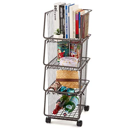 EZOWare 4-Tier Metal Utility Rack Shelves, Stackable Baskets Organizer Bins Rolling Metal Cart for Kitchen Pantry Office Garage - Rustic Brown