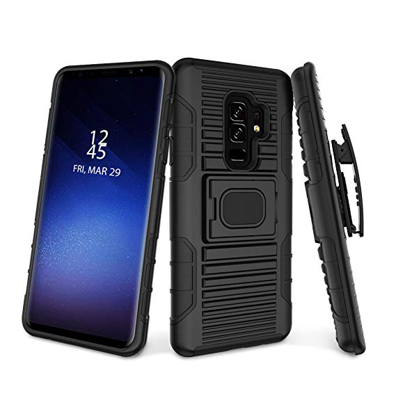 Samsung Galaxy S9 Case with Raised Lip for Screen Protector, Reinforced Kickstand, Ring, Magnet Mount, Belt Clip/Holster, Protective Cover from Drop, Anti Scratch, Made with TPU PC Hybrid, Black