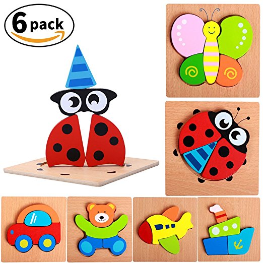 Wooden Puzzles for Toddlers Kids Girls Boys Babies - Educational Puzzle Toys Set of 6 Ship Plane Butterfly Bear Car Ladybug