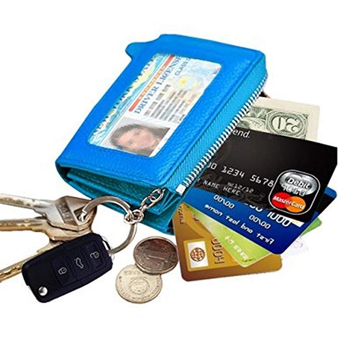 Edmen Zipper Key Wallet Leather Credit Card Case Coins Purse with ID Window