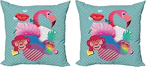 Ambesonne Tropical Emoji Decorative Throw Pillow Case Pack of 2, Art Monkey Face Flamingo Pineapple Monstera Leaf Lips Composition, Couch Bedroom Living Room Cushion Cover, 24", Hot Pink Pale Seafoam