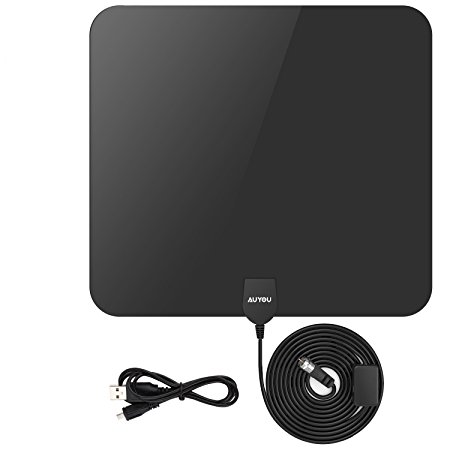 AuYou HDTV Antenna Amplified HDTV Aerial 50 Mile Range, Ultra Thin Endurable Booster Indoor Antenna with USB Port and 16 feet Coax Long Cable