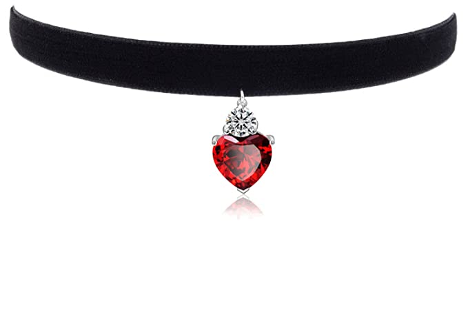 Womens Girls Black 3/8" Velvet Choker Necklace with Garnet Pendant