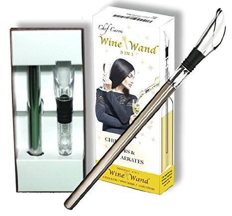 Chef Caron Wine Wandreg - The Original Pourer Aerator and Iceless Chiller - 3 in 1 Accessory - Stainless Steel Rod and Drip-free Acrylic Pour Spout