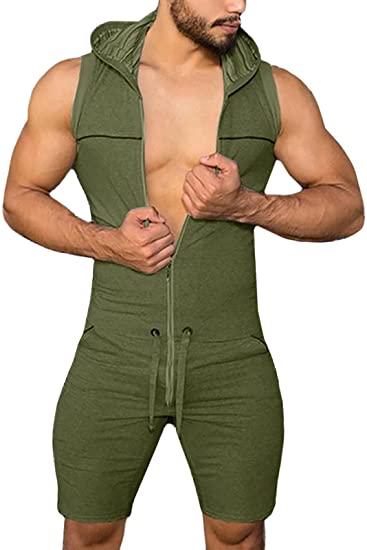 Panegy Men's Jumpsuit Romper Tracksuit with Hoodie, Zipper Drawstring Waist Workout Onesie Jumpers