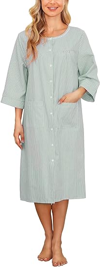 Bloggerlove Women House Dress Snap Front Nightgown 3/4 Sleeve Housecoat Duster Robe with Pockets Moomoo Patio Dress