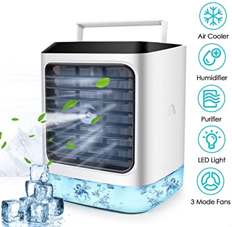 SUEPERGOD Personal Air Cooler, 4 in 1 Portable Evaporative Conditioner with 7 LED Light/Purifier/Humidifier/ 3 Modes Desktop Fan, Mini USB Simply Modern Air Conditioner Fan for Office
