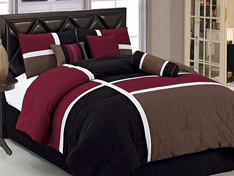 Chezmoi Collection 7-Piece Quilted Patchwork Comforter Set, Queen, Burgundy, Brown and Black