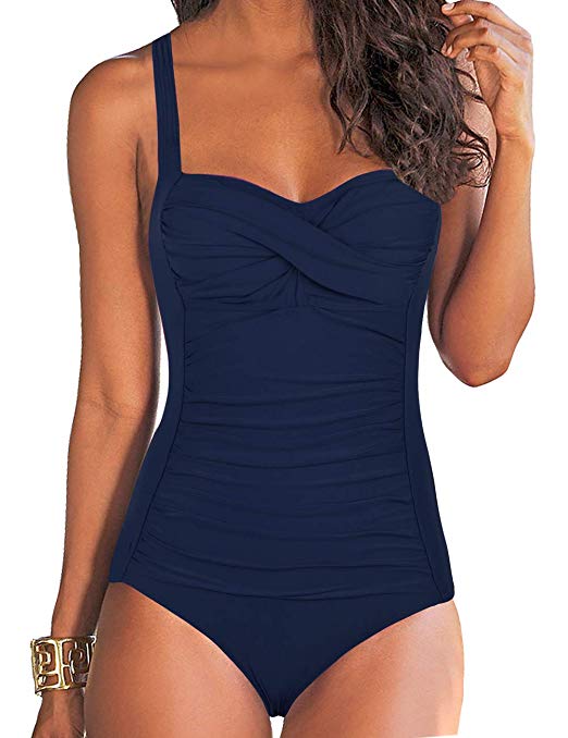 Hilor Women's One Piece Swimsuits Front Twist Bathing Suits Tummy Control Swimwear Retro Inspired Monokini