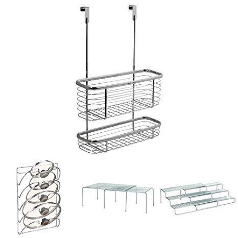 InterDesign 4-Piece Pantry Storage Set: Axis Over the Cabinet Wire Basket, Classico Lid Rack, Expandable, Stackable Shelves, Expandable Spice Rack – Chrome/Silver