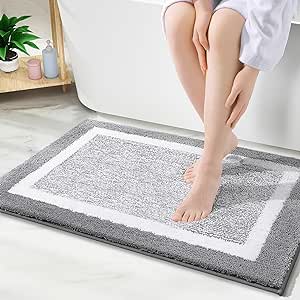 OLANLY Bathroom Rugs 36x24, Extra Soft and Absorbent Microfiber Bath Mat, Non-Slip, Machine Washable, Quick Dry Shaggy Bath Carpet, Suitable for Bathroom Floor, Tub, Shower (Grey and White)