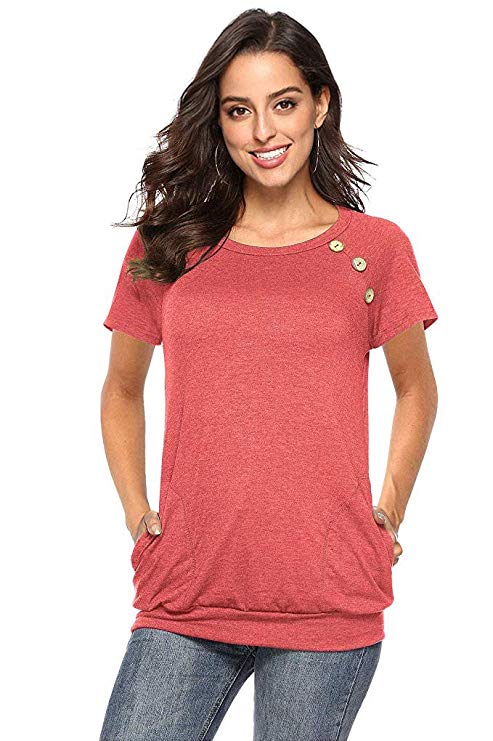 AISONG Women Short Sleeve Casual Shirt,Button Round Neck Loose Comfy Tunic Tops