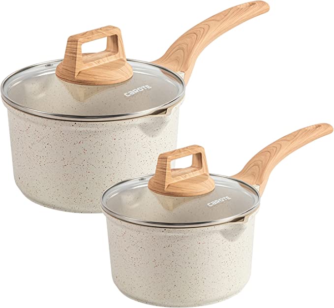 CAROTE 1.5 Quart and 2.4 Quart Saucepan Set with Lid Nonstick Sauce Pot Cooking Pot with Pour Spout, PFOA FREE (White Granite, 4 Pieces Set)