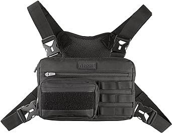 Fitdom Tactical Inspired Sports Utility Chest Pack. Chest Bag for Men with Built-in Phone Holder. This EDC Rig Pouch Vest is Perfect for Workouts, Cycling & Hiking, Black, S, Rig Fit