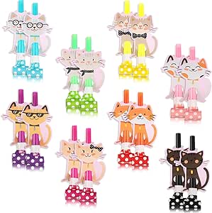 Hotop 48 Pcs Cat Birthday Party Supplies Cat Party Blower Kitty Blowouts Dollhouse Cat Noise Makers Blowouts for Cat Birthday Baby Shower Party Favor Decorations