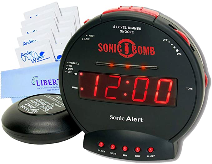 Sonic Bomb Alarm Clock with Bed Shaker- Alarm Clock for Heavy Sleepers- 113dB Alarm Clock & 12 Volt Bed Shaker, Bright Flashing Alert Light, Adjustable Alarm Duration (Sonic Bomb Dual)