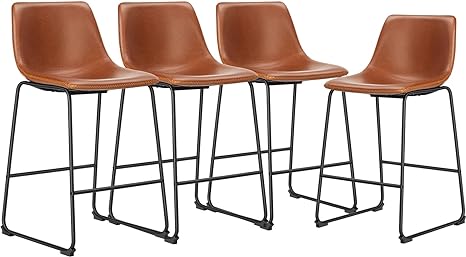 JHK 26 inch Counter Height Bar Stools Set of 4, Modern Faux Leather High barstools with Back and Metal Leg, Bar Chairs for Kitchen lsland, Brown
