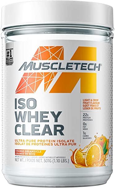 Whey Protein Powder, MuscleTech Clear Whey Protein Isolate, Whey Isolate Protein Powder for Women and Men, Clear Protein Drink, 22g of Protein, 90 Calories, Orange Dreamsicle (19 Servings)
