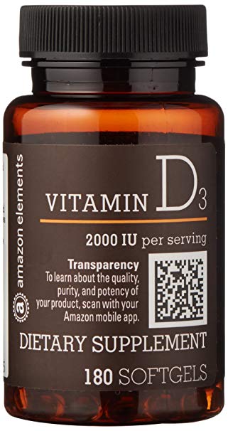 Amazon Brand - Amazon Elements Vitamin D3, 2000 IU, 180 Softgels, 6 Month Supply