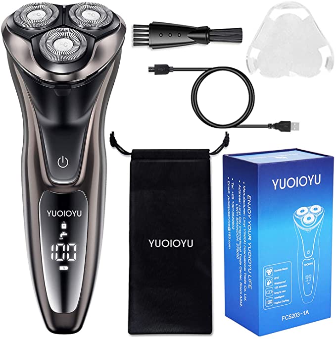 YUOIOYU Electric Shavers for Men, Rechargeable Rotary Razor Wet and Dry Face Shaver IPX7 Waterproof 3-Blade Cordless Shavers with Pop-up Trimmer