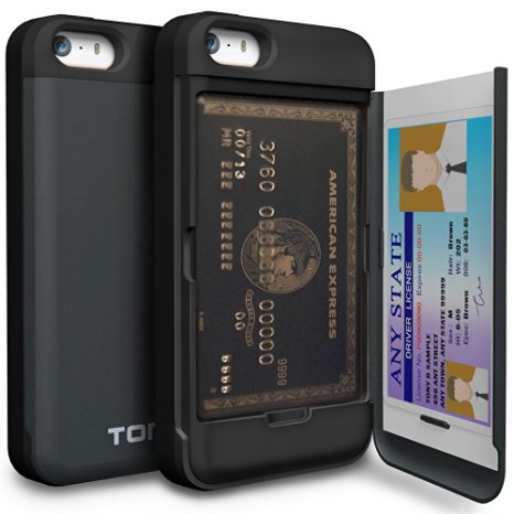 iPhone 5S Case, TORU [CX PRO] iPhone SE Wallet Case - [CARD SLOT][ID HOLDER][KICKSTAND] Protective Hidden Wallet Case with Mirror for iPhone 5/5S/SE - Metal Slate