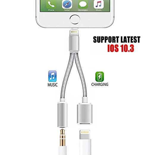 iPhone 7 Adapter, 2 in1 Lightning to 3.5mm Audio Headphone Adapter.iPhone Converter for Apple iPhone 7 Plus.Charging Port Adapter.iOS 10.33 ( Weave-Silvery)