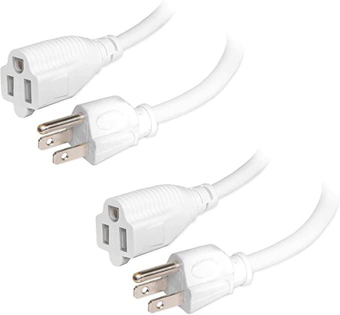 6 Ft White Extension Cord 2 Pack - 16/3 Durable Electrical Cable