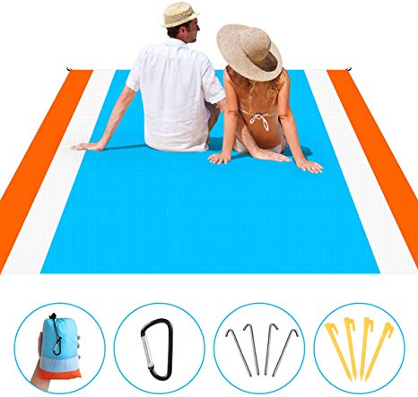 Eggsnow Beach Blanket Sand Proof Outdoor Picnic Blanket Waterproof Quick Drying Beach Mat,Extra Large Oversized 83"x79" for 6 Adults with 8 Stakes and Compact Storage Bag