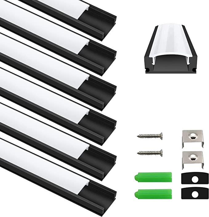 inShareplus 6 Pack, 3.3ft/1 Meter, Black, LED Aluminum Channel System U Shape with Milk White Cover, End Caps and Mounting Clips, Aluminum Profile for LED Strip Light Installations