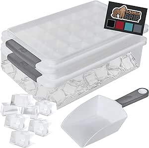 Gorilla Grip Stackable Ice Cube Tray and Bin Set, Includes 2 Trays with Lids, Scooper, Easy Release, Makes 56 Cubes for Cocktail Soda Coffee, Leak Proof Freezer Bucket Container, Kitchen Gadgets, Gray