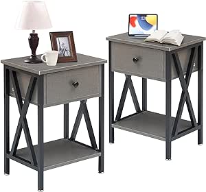 VECELO Nightstands Set of 2, Modern Bedside End Tables, Night Stands with Drawer and Storage Shelf for Living Room Bedroom, Industrial Metal Frame, Hemp Grey