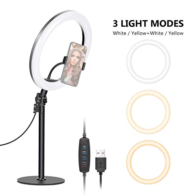 Neewer LED Ring Light, Table Top 10 Inches USB Ring Light, Color Temperature 3200K-5600K 3 Light Modes with Flexible Smartphone Stand for Streaming Makeup YouTube Video Shooting Phone Selfie