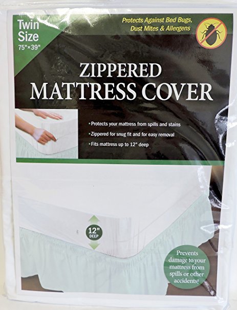 Twin Size Zippered Mattress Cover Vinyl Keeps Out Bed Bugs & Dust Mites Water Resistant Protector 75" X 39" New and Improved Now 12" Wide
