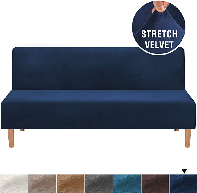 H.VERSAILTEX Real Velvet Plush 1 Piece Futon Sofa Bed Cover Stretch Sofa Slipcover Armless Sofa Cover Furniture Protector with Elastic Bottom Form Fitted Skid Resistance Washable, Futon, Navy