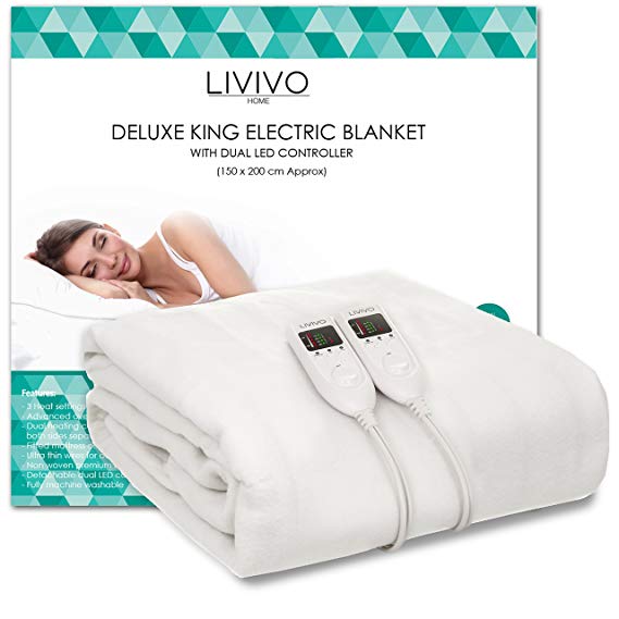 LIVIVO ® Deluxe Electric Under Blanket with Dual LED Controller – Soft and Comfortable Washable Heated Fitted Mattress Cover Sheet with 3 Heat Settings and Timer Function (King)