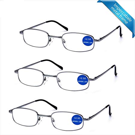 Impeccable Metal Frame and Crystal Clear Vision - Viscare 3-Pack Men Women Metal Spring Hinged Full Frame Reading Glasses Readers w/ 3 Pouches 1 Cloth  3.50