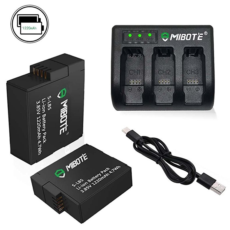 2 x Replacement Battery and 3-Channel Charger for GoPro Hero 6/ Hero5 Black By Mibote (Compatible with v02.51, v02.00, v01.57 and All Future Updates)