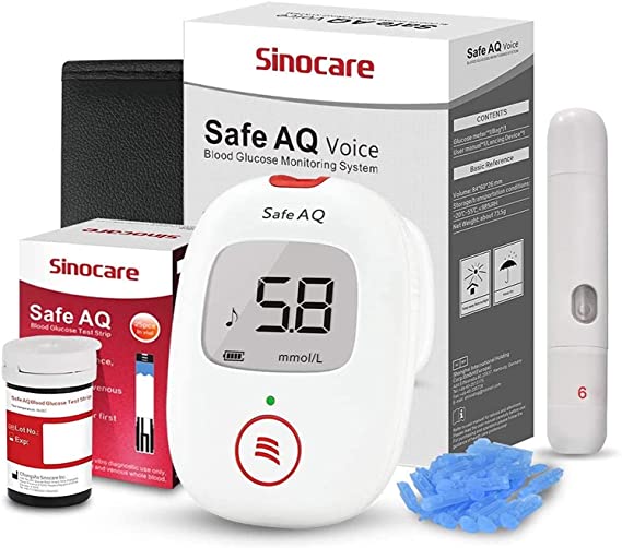 sinocare Diabetes Testing Kit/Blood Glucose Monitor Safe AQ Voice/Glucometer with Voice Reminder and Light Warning/Blood Sugar Test with Strips x 25 & Case -in mmol/L