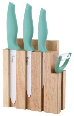 Ceramic Knife Set & Peeler in Solid Wood Holder. 6", 5" & 4" Inches White Sharp Blades. Professional Chef Utensil for Kitchen. Effortlessly Cut and Slice. Zirconium Resistant. Antibacterial. FDA