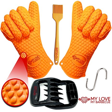 Silicone BBQ Gloves Pair 1 Meat Claw 1 BBQ Brush Strong Heat-Resistant Material Use for Barbecue Baking Cooking Boiling Potholder Smoking and More Great for Indoor & Outdoor E-Book   Hook for Gloves