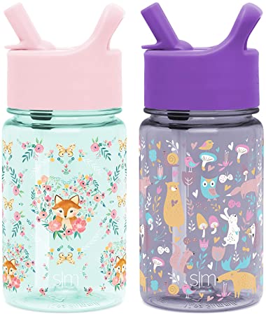 Simple Modern Kids Tritan Bottles, Two Pack: 12oz Straw Lid, 2 Pack: Fox & The Flower, Woodland Friends